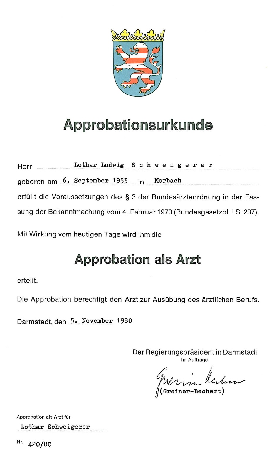 Approbationsurkunde als Arzt