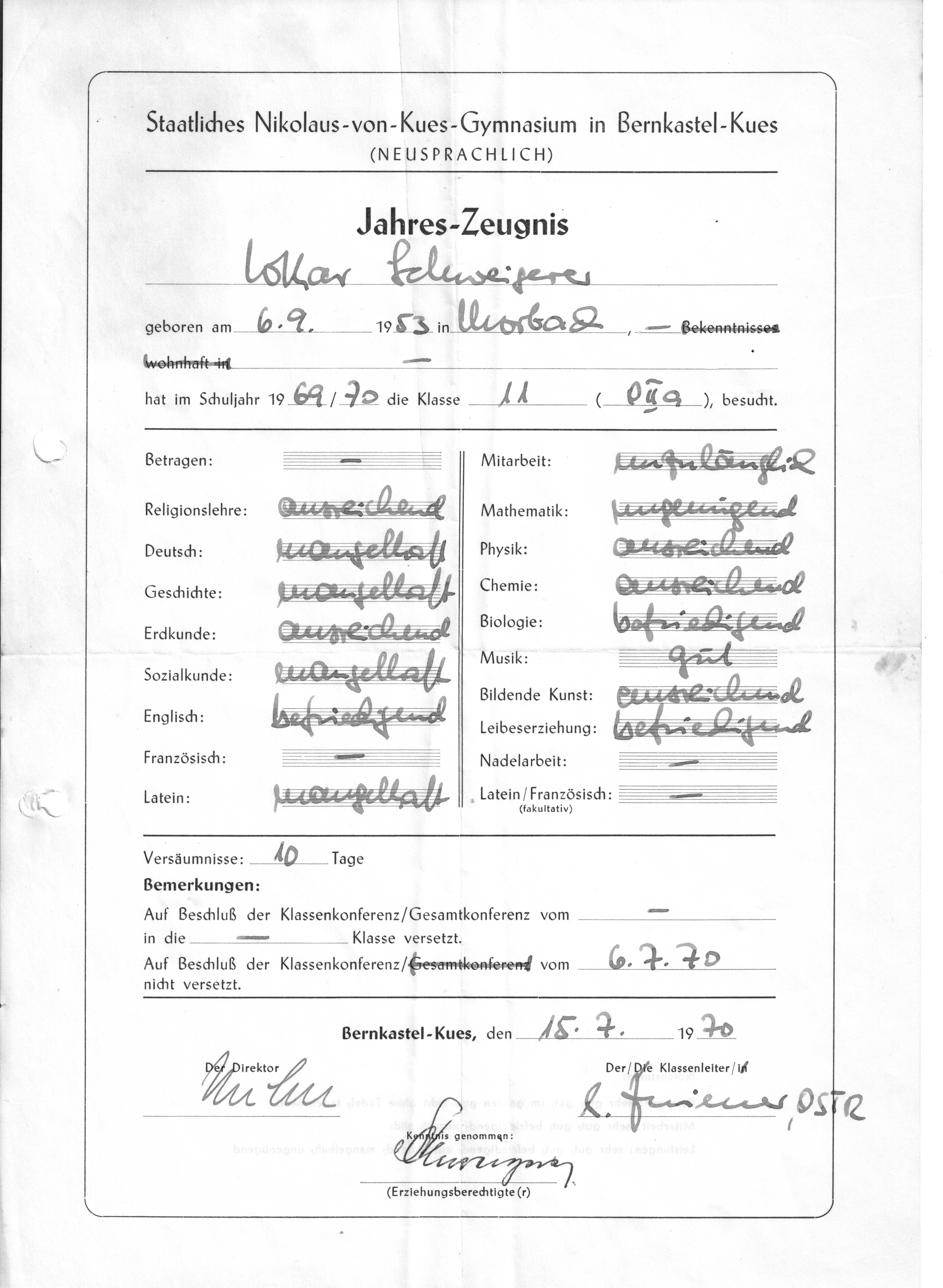 Jahreszeugnis mit vier Fünfen und einer Sechs